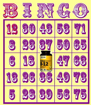 Bingo Card with "B 12". Bottle of B12 lozenges is in the center square