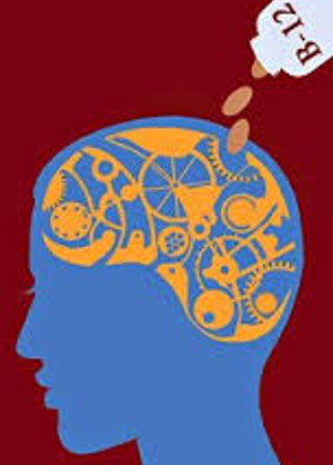 graphic of head in silhouette with gears as the brain. B12 tablets are being poured into the gears