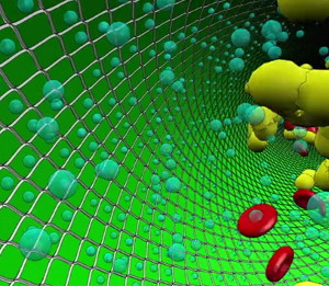 graphic of H=healthy endothelial cells emiting nitric oxide that keeps blood flowing smoothly