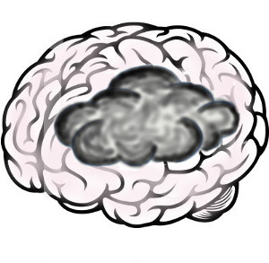 Drawing of pink brain with dark area obscuring part of it