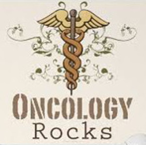 Art - caduceus with its two snakes and wings - symbol of medicine - Text: Oncology Rocks