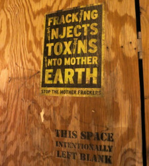 Photo of board with printing: Fracking injects toxins into Mother Earth